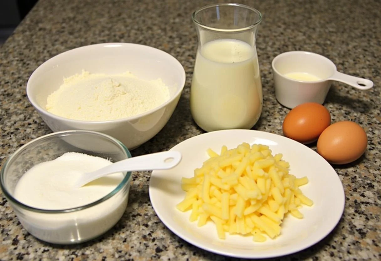 Ingredientes para Pão de Queijo Ki Pão dispostos em uma bancada de cozinha.