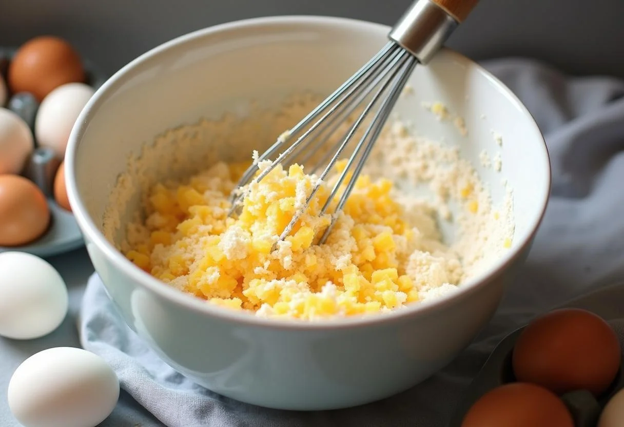 Mistura de queijo e polvilho sendo mexida para a receita de Pão de Queijo Ki Pão.