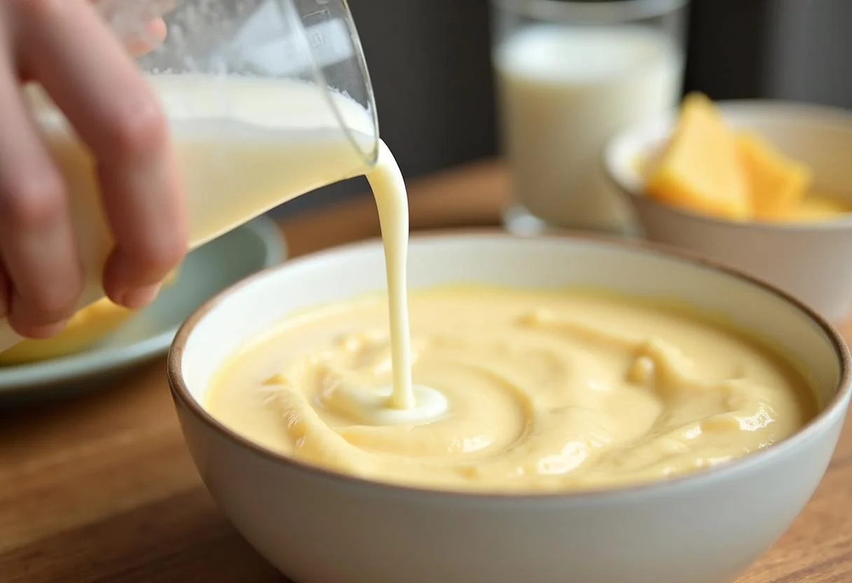 Adicionando leite à mistura de queijo para o Pão de Queijo Ki Pão caseiro.