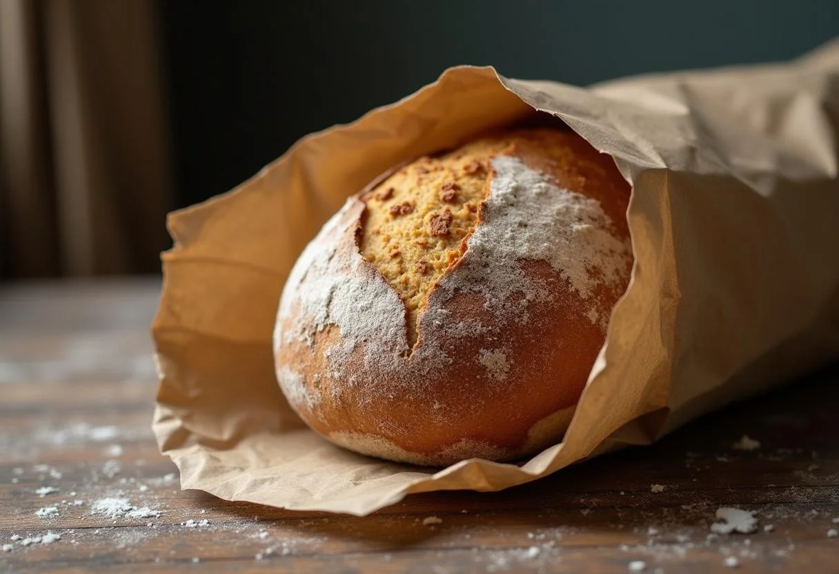 Pão artesanal dentro de um saco de papel, perfeito para servir.