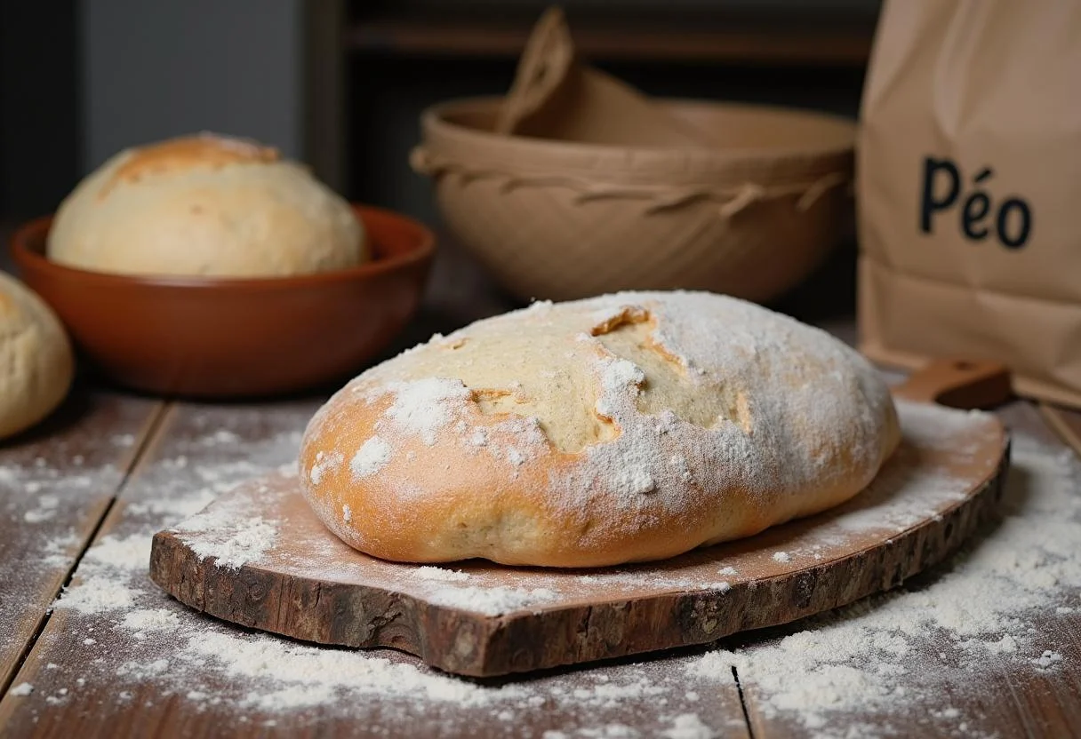 Massa de pão artesanal em um recipiente com saco de pão para padaria artesanal.