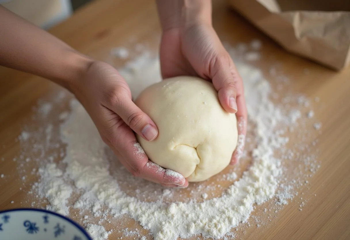 Moldando a massa de pão para colocar em um saco de pão na padaria.
