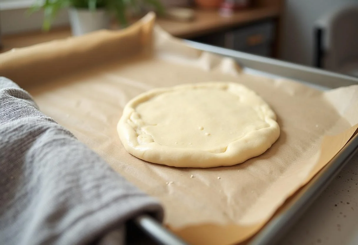 Pão artesanal pronto para assar, colocado em uma bandeja com saco de pão ao fundo.