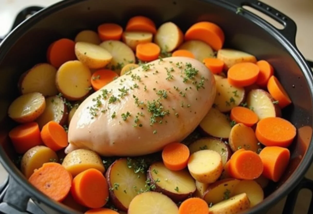Vegetais fatiados ao redor do peito de frango na assadeira para assar no forno.
