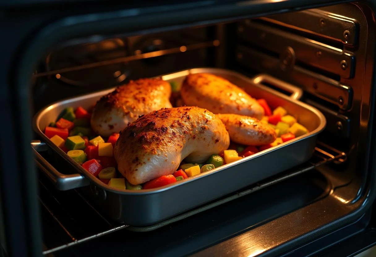 Colocando a assadeira com peito de frango no forno pré-aquecido para assar.
