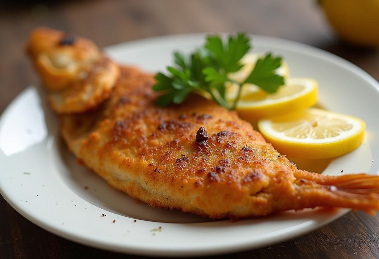Peixe agulhinha frito crocante servido com limão e salsa, ideal para uma refeição deliciosa.