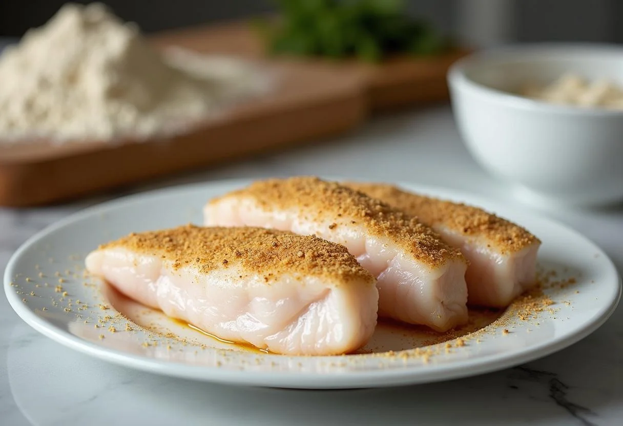 Preparação de agulhinha peixe com farinha temperada e farinha de rosca para frito crocante.