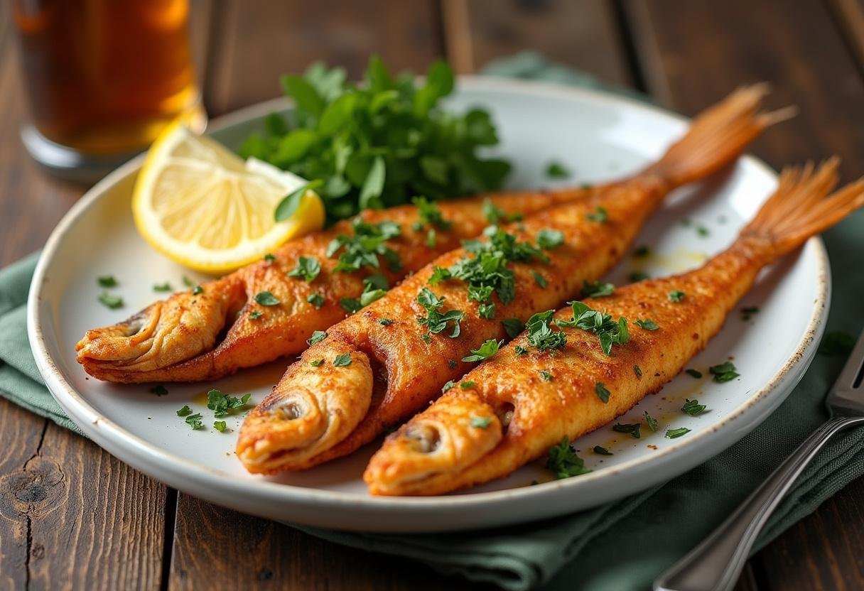 Prato final de peixe amarelado frito crocante, perfeito para um almoço especial.