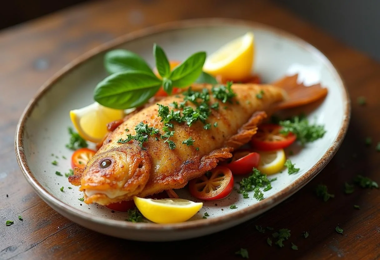 Prato final de peixe amarelado frito crocante, perfeito para um almoço especial.