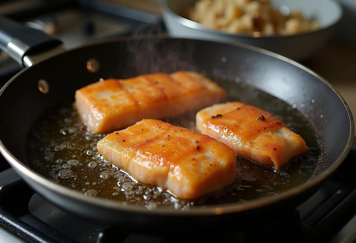 Filés de peixe amarelado sendo fritos em uma panela com óleo quente.