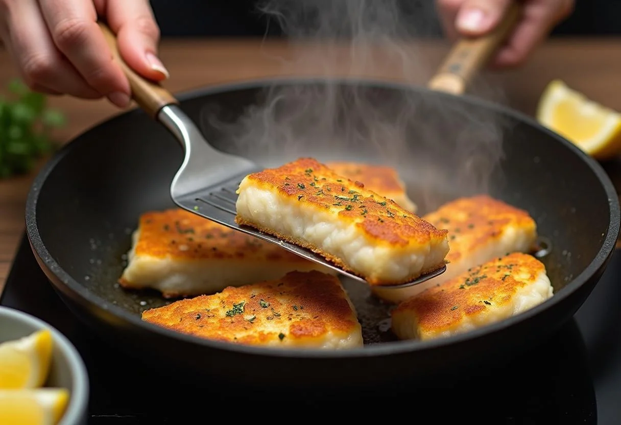 Filé de peixe amarelado sendo retirado da fritura, mostrando sua crocância e cor dourada.