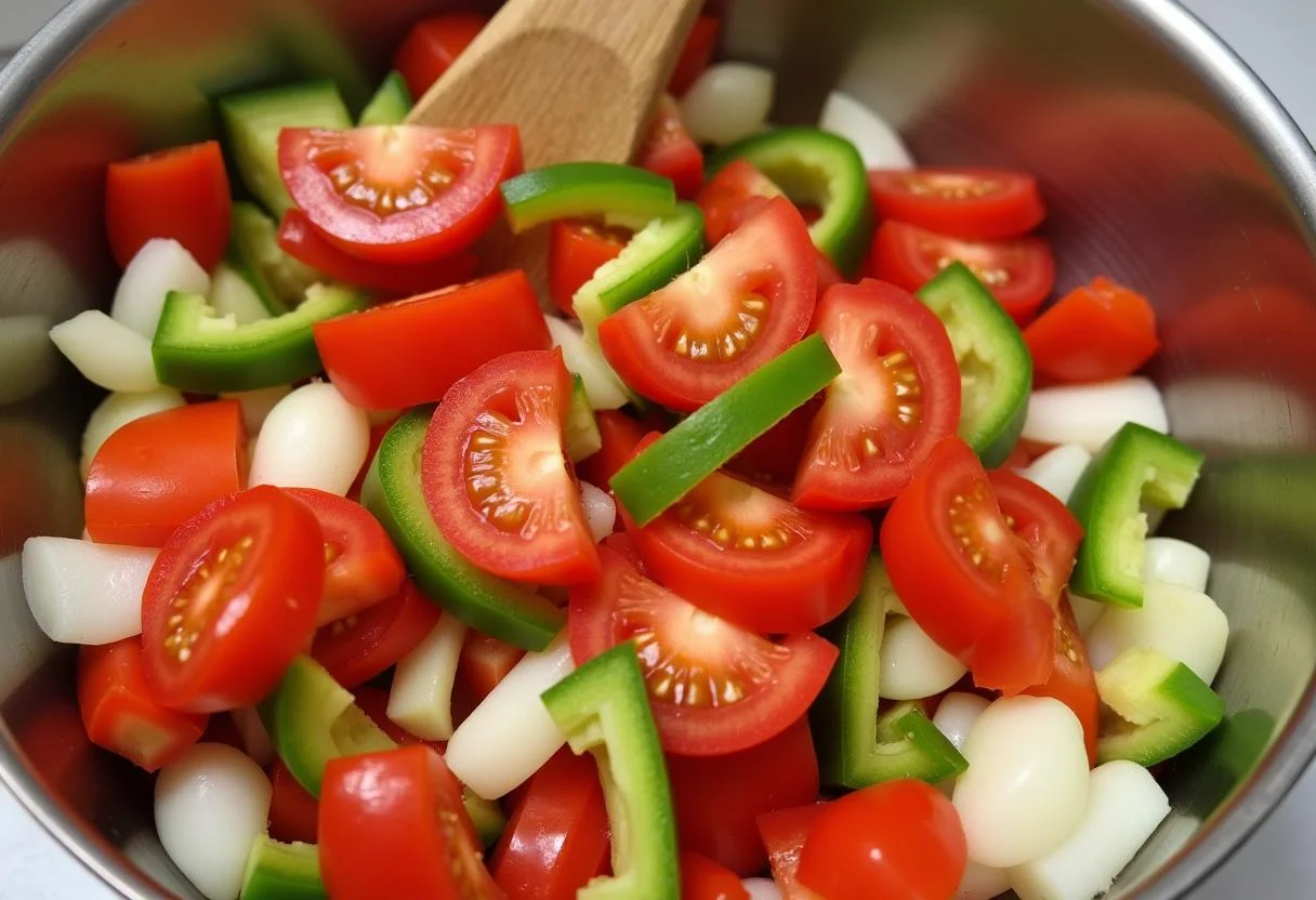 Mistura de vegetais frescos como tomates e pimentões para peixe brasileiro assado.