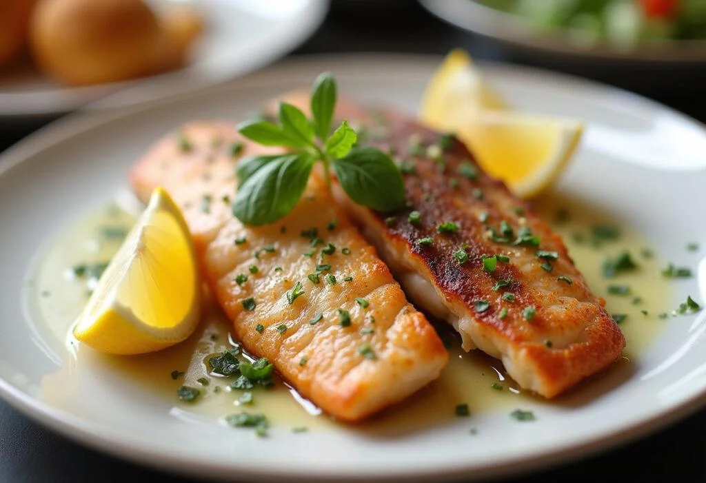 Prato com peixe galo frito crocante, decorado com limão e ervas frescas, ideal para servir.