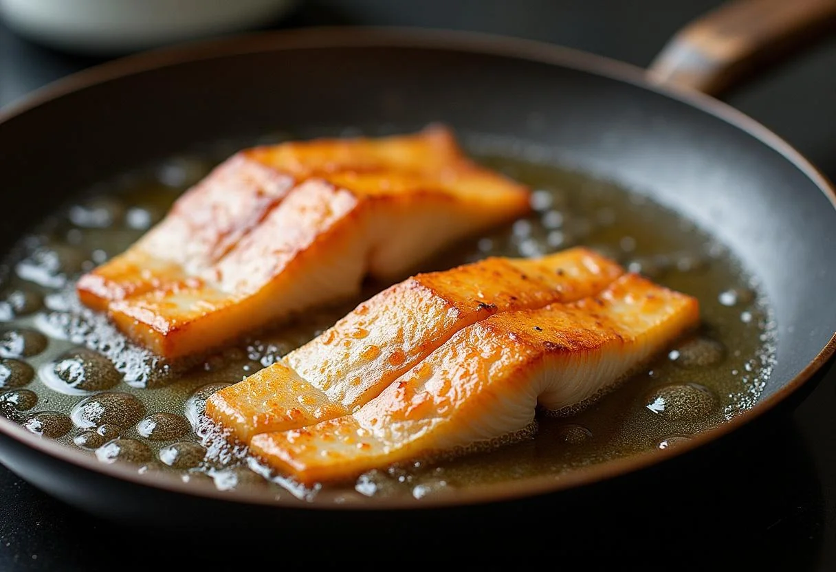 Filés de peixe galo fritando em óleo quente, resultando em uma crosta crocante.