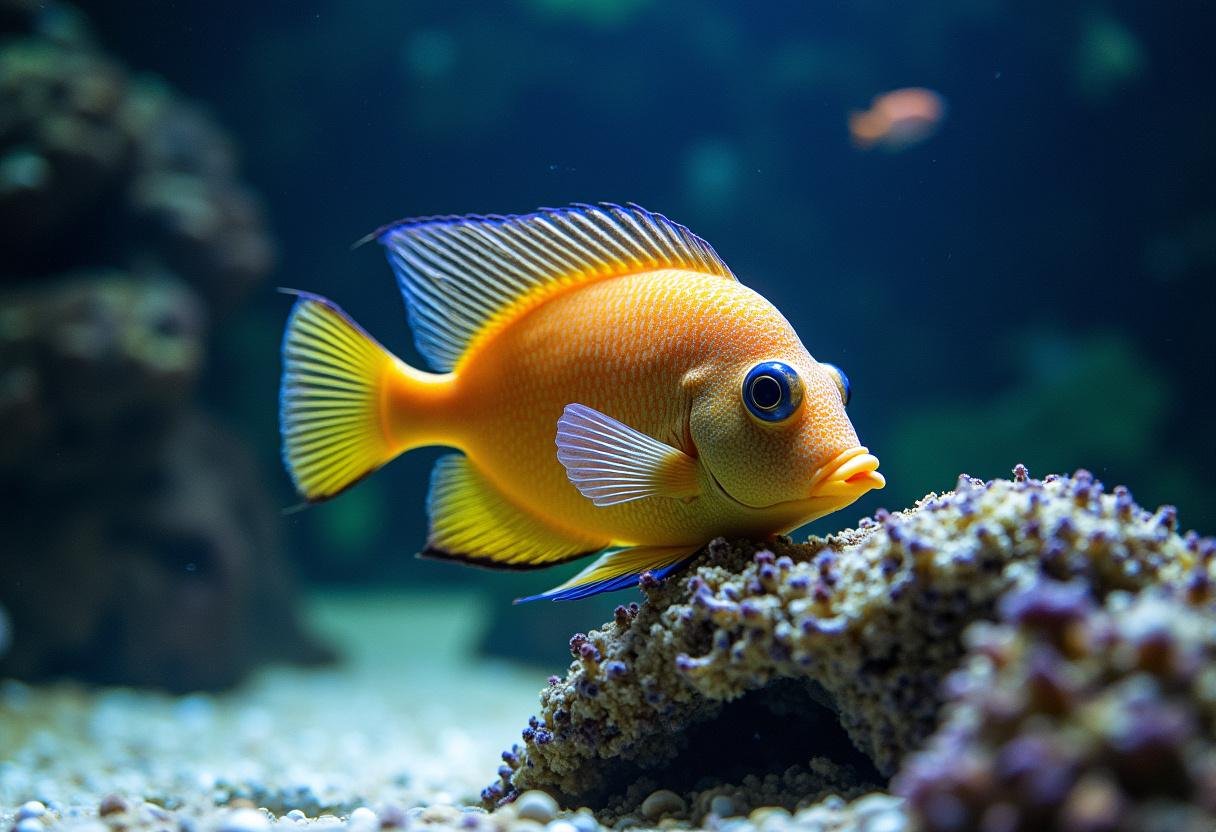 Oscar peixe em destaque em um aquário, mostrando suas cores vibrantes.