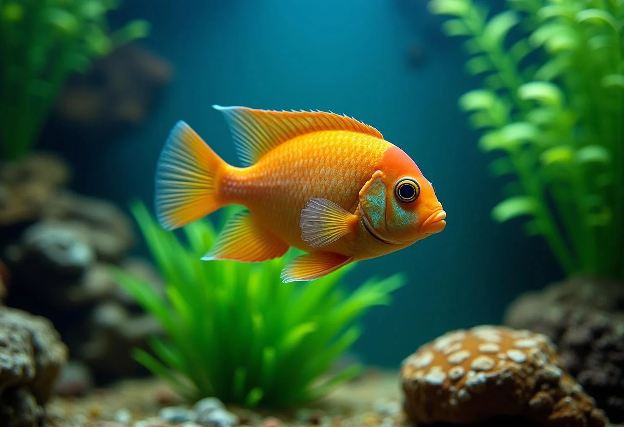 Oscar peixe nadando em um aquário com plantas aquáticas saudáveis.