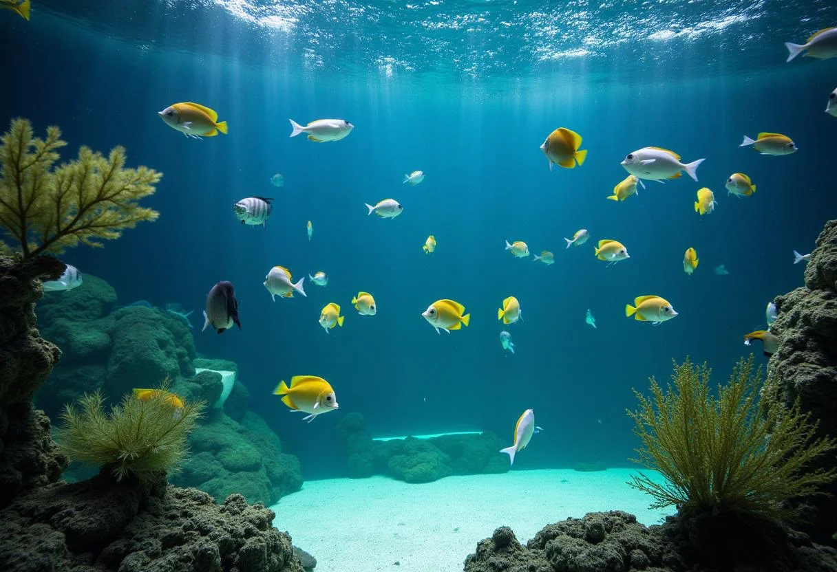 Aquário limpo e vibrante com o oscar peixe e outros peixes nadando.