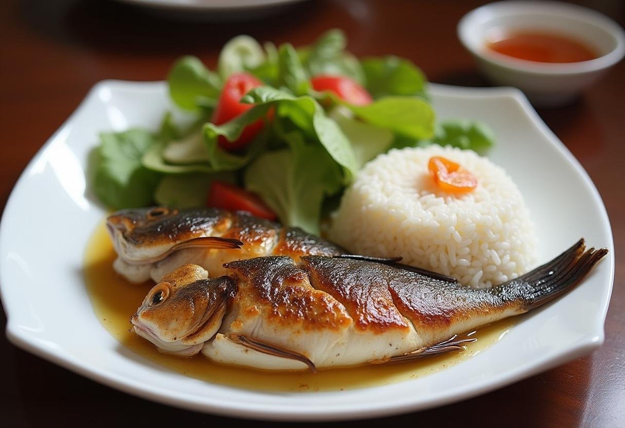 Prato final de peixe panga grelhado, acompanhado de salada e arroz, ideal para uma refeição saborosa.