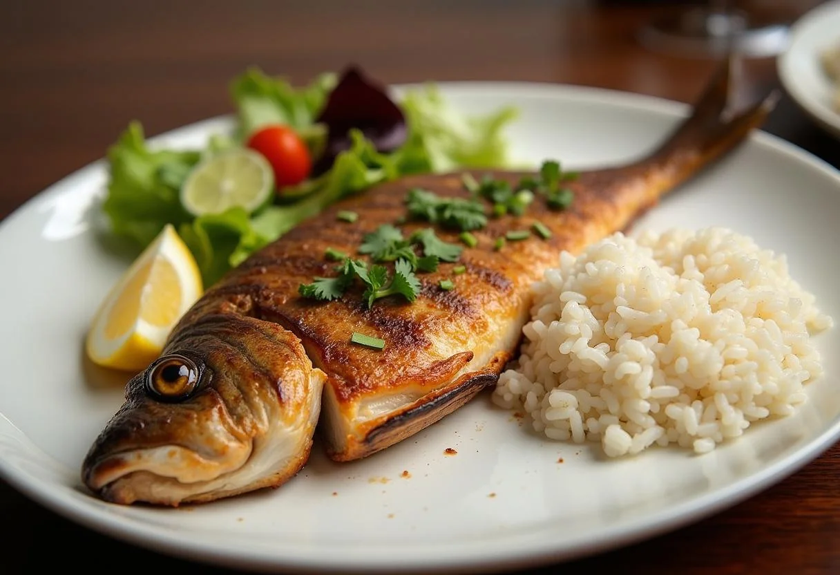 Prato final de peixe panga grelhado, acompanhado de salada e arroz, ideal para uma refeição saborosa.
