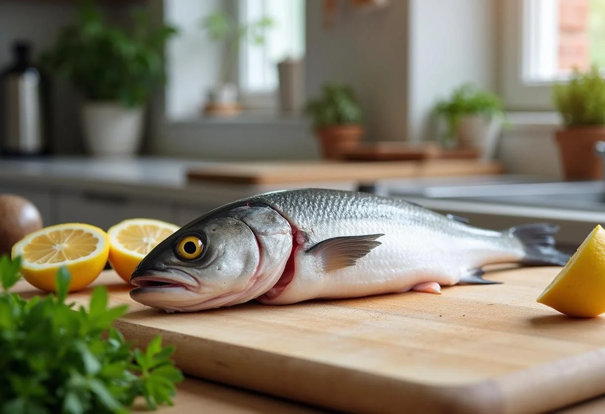 Preparação do peixe panga em uma tábua de corte para grelhar, destacando a origem do peixe panga.