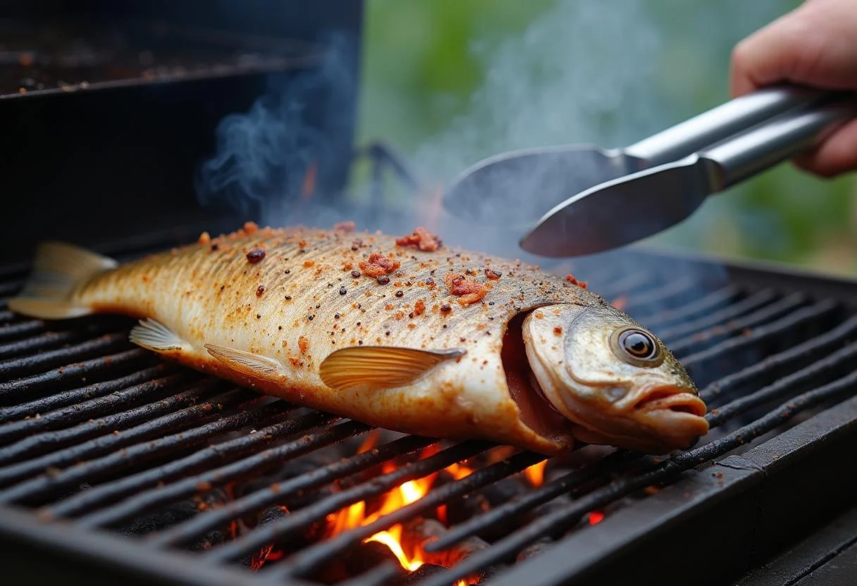 Peixe panga sendo grelhado, mostrando a técnica de cozimento e a origem do peixe panga.