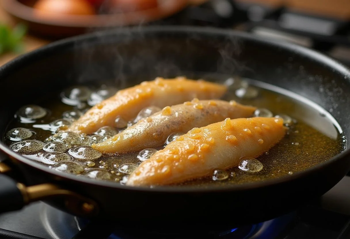 Peixes piau fritando em óleo quente na cozinha, resultando em crocância.