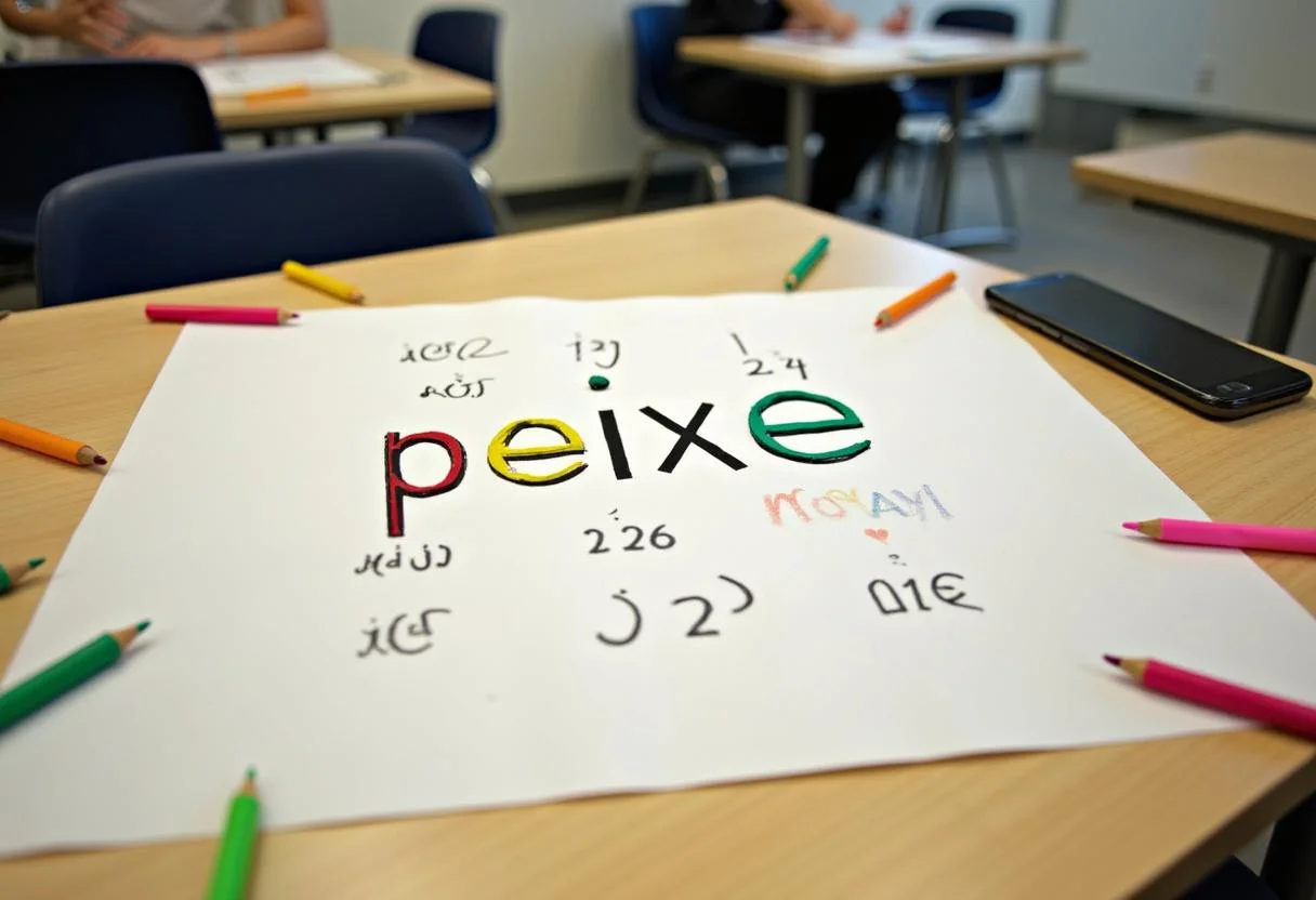 Atividade escolar de separar sílabas da palavra peixe em um ambiente de sala de aula.