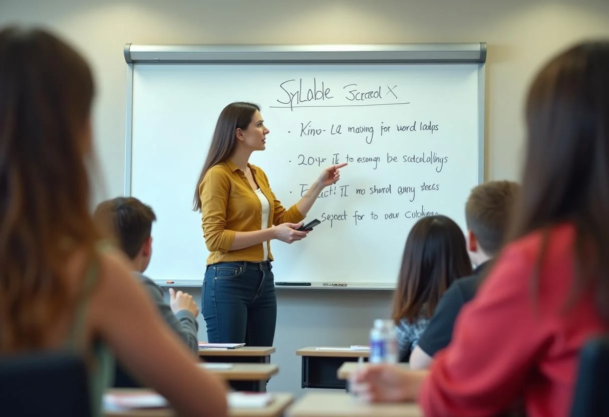 Professor ensinando sobre a separação de sílabas em um quadro branco para os alunos durante a aula de português.