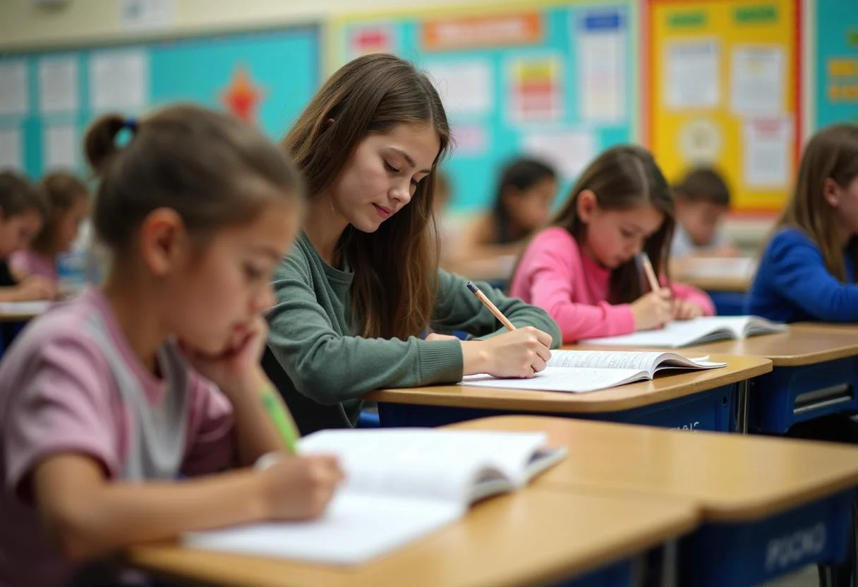 Alunos praticando a atividade de separar sílabas em seus cadernos durante a aula de português.