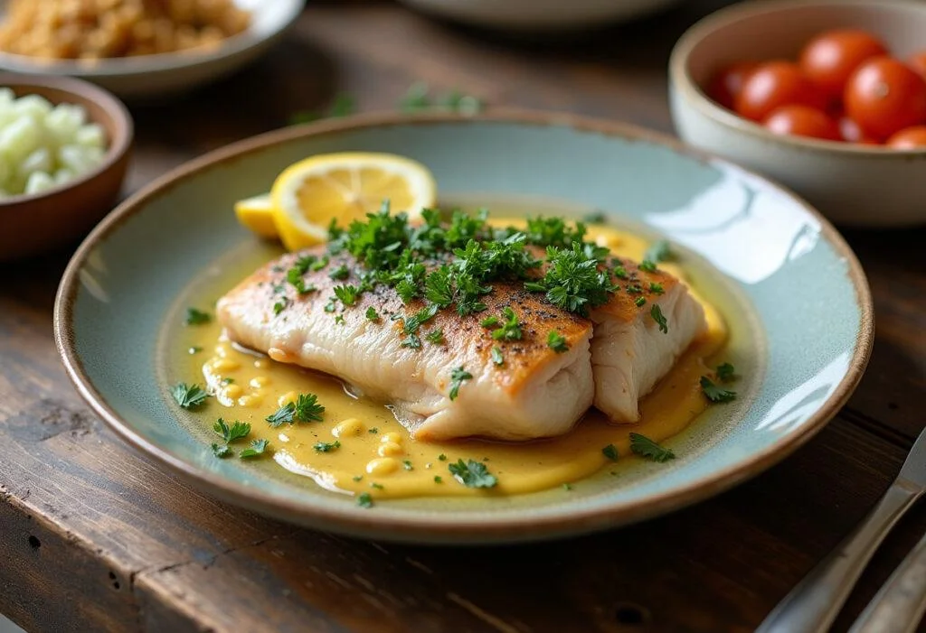 Finished peixe viola assado, beautifully presented on a table, perfect for a seafood feast.