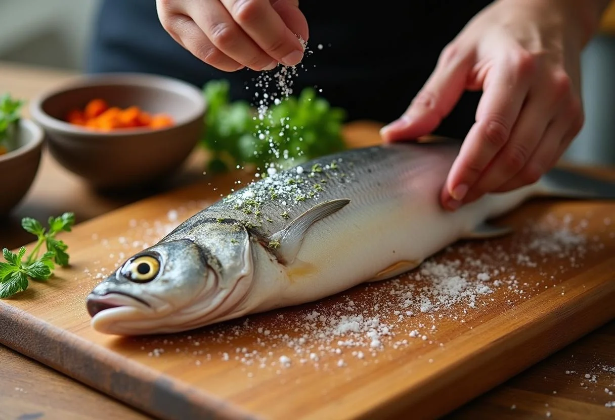 Peixe viola sendo temperado com sal e ervas em uma tábua de corte.