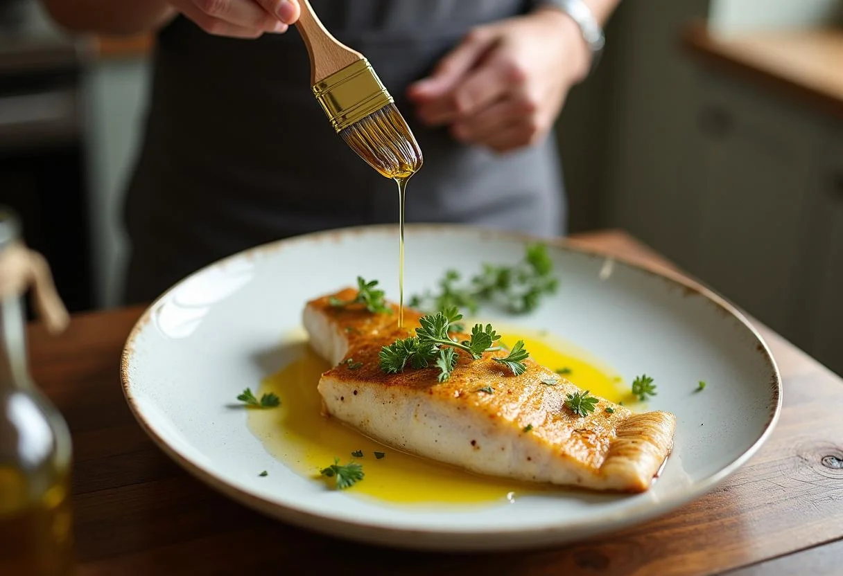 Azeite de oliva sendo regado sobre o peixe viola pronto para assar no forno.
