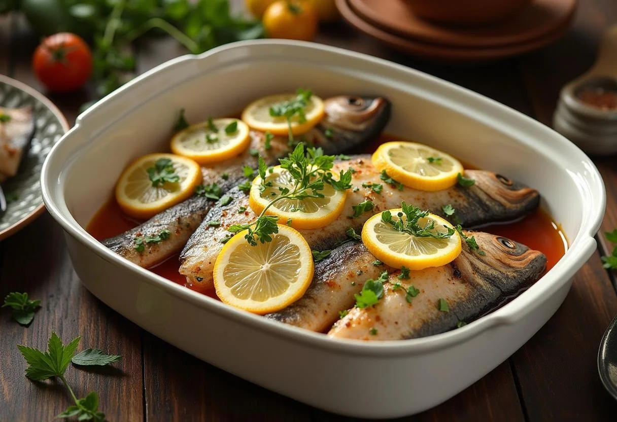 Peixe viola recheado com limão e ervas em uma assadeira antes de assar.