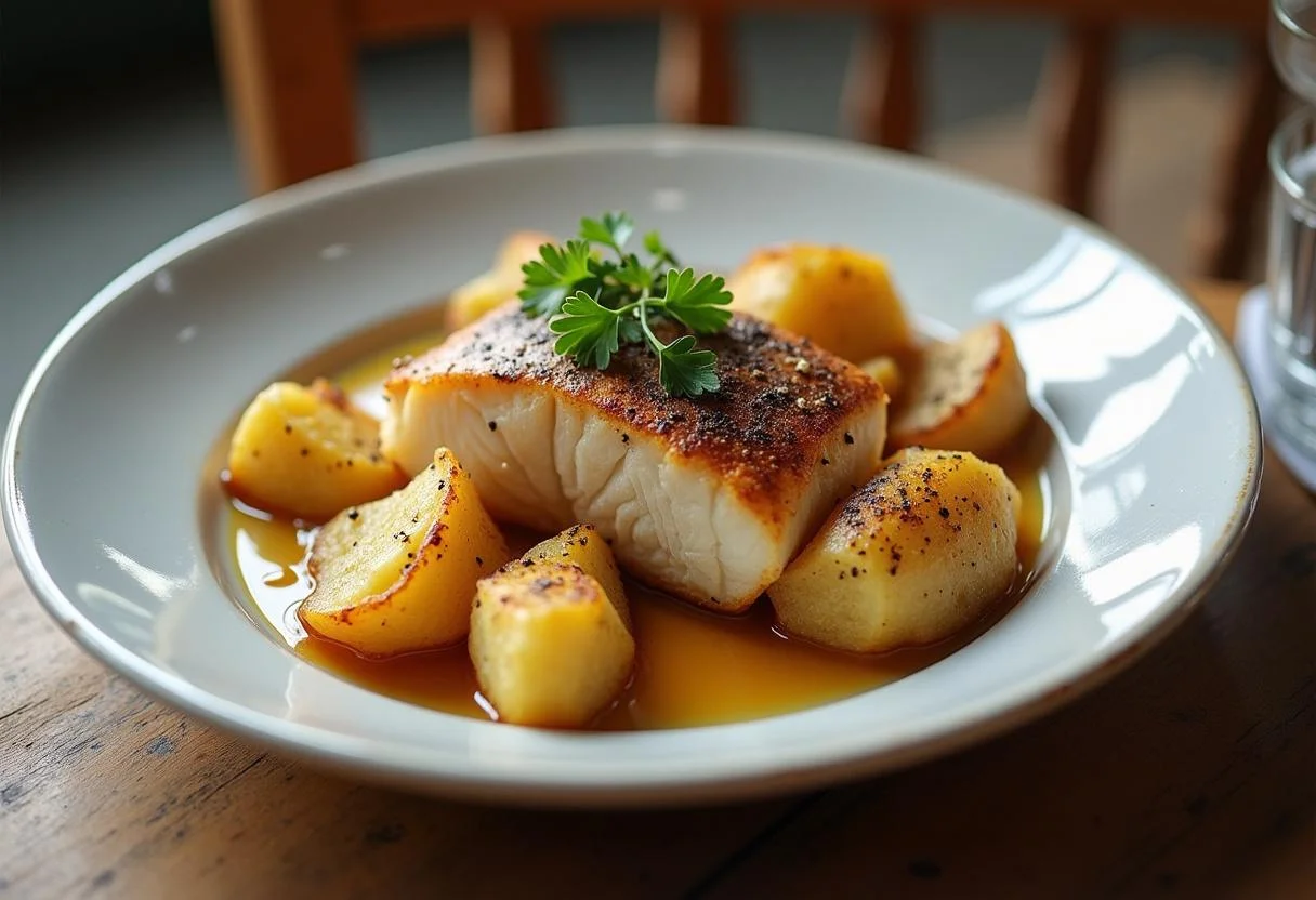 Peixe em posta assado com batatas douradas, perfeito para refeições.