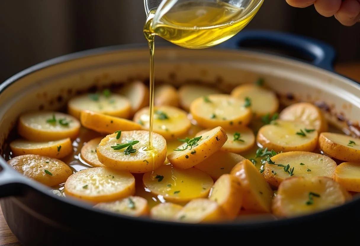 Batatas fatiadas preparadas com azeite e ervas para a receita de peixe em posta assado.