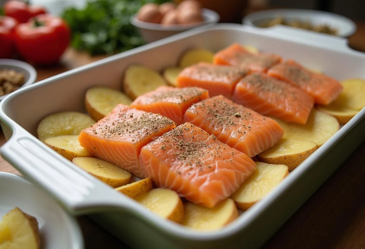 Peixe em posta colocado sobre as batatas fatiadas na assadeira.