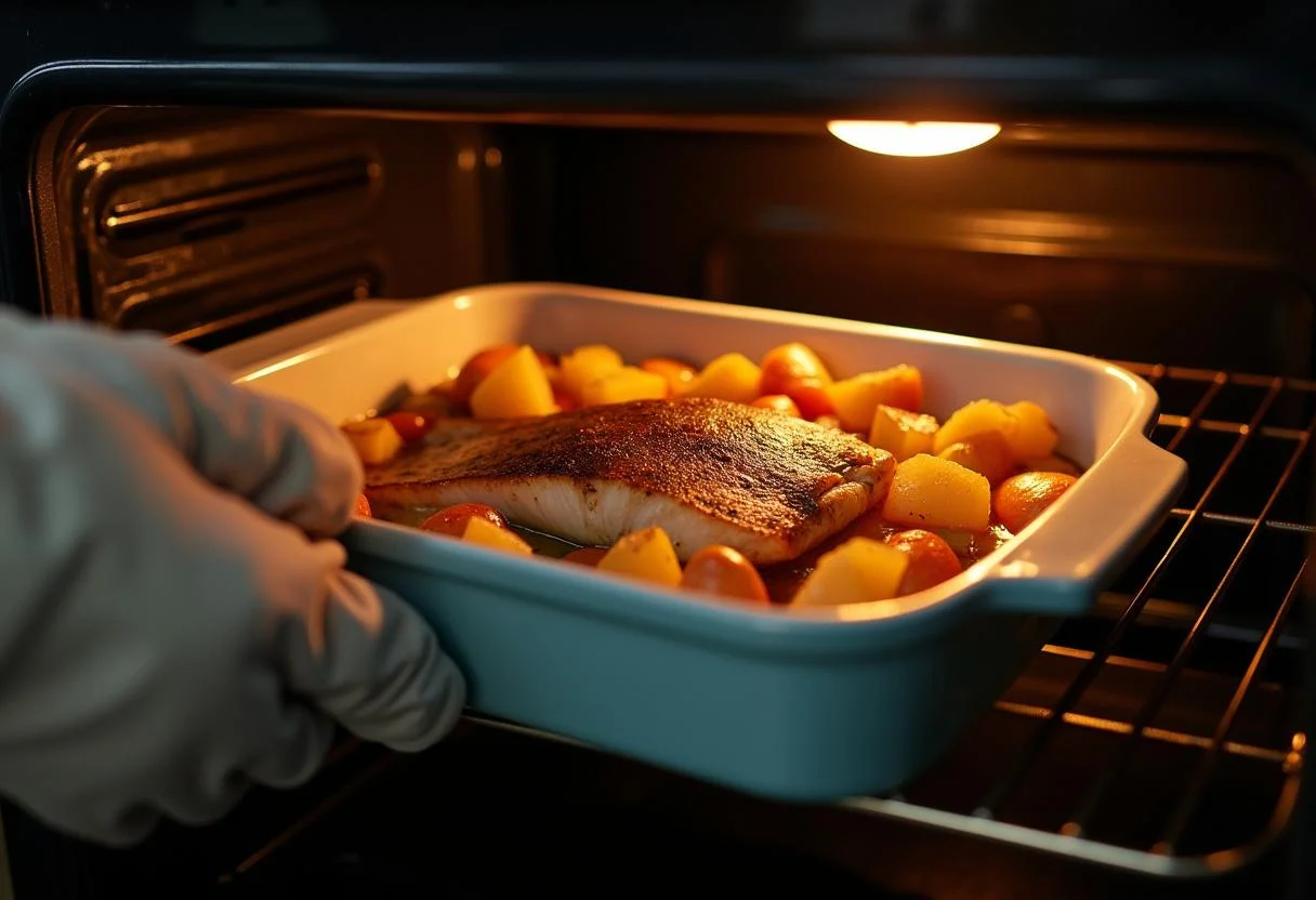 Assadeira com peixe em posta e batatas sendo colocada no forno.
