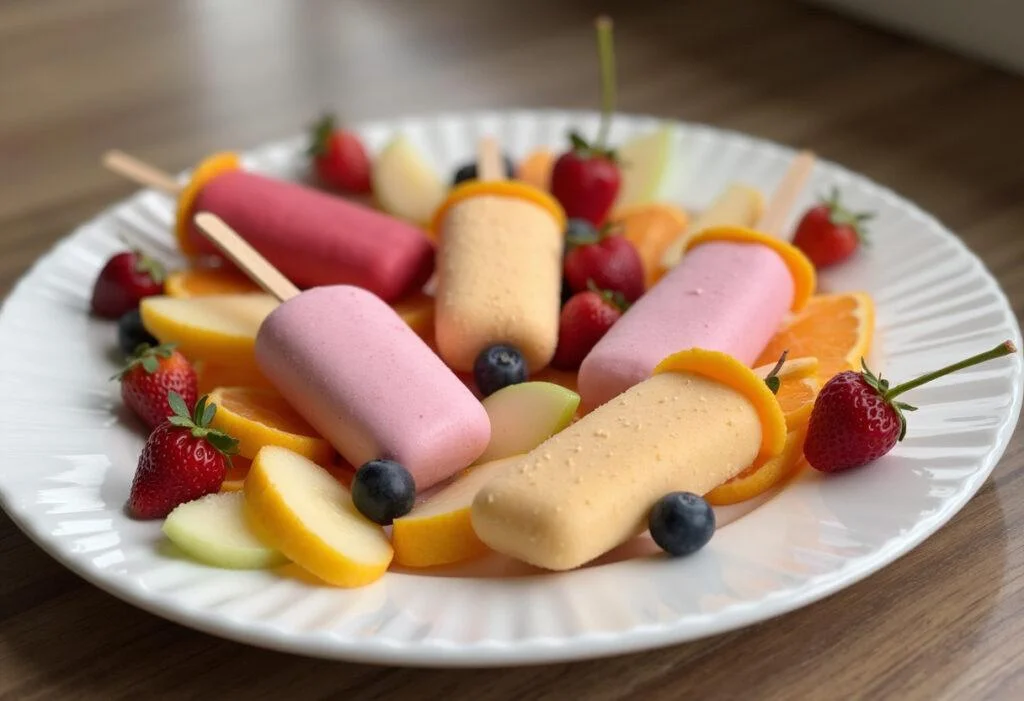Pirulitos de iogurte caseiro prontos para servir, decorados com frutas frescas.