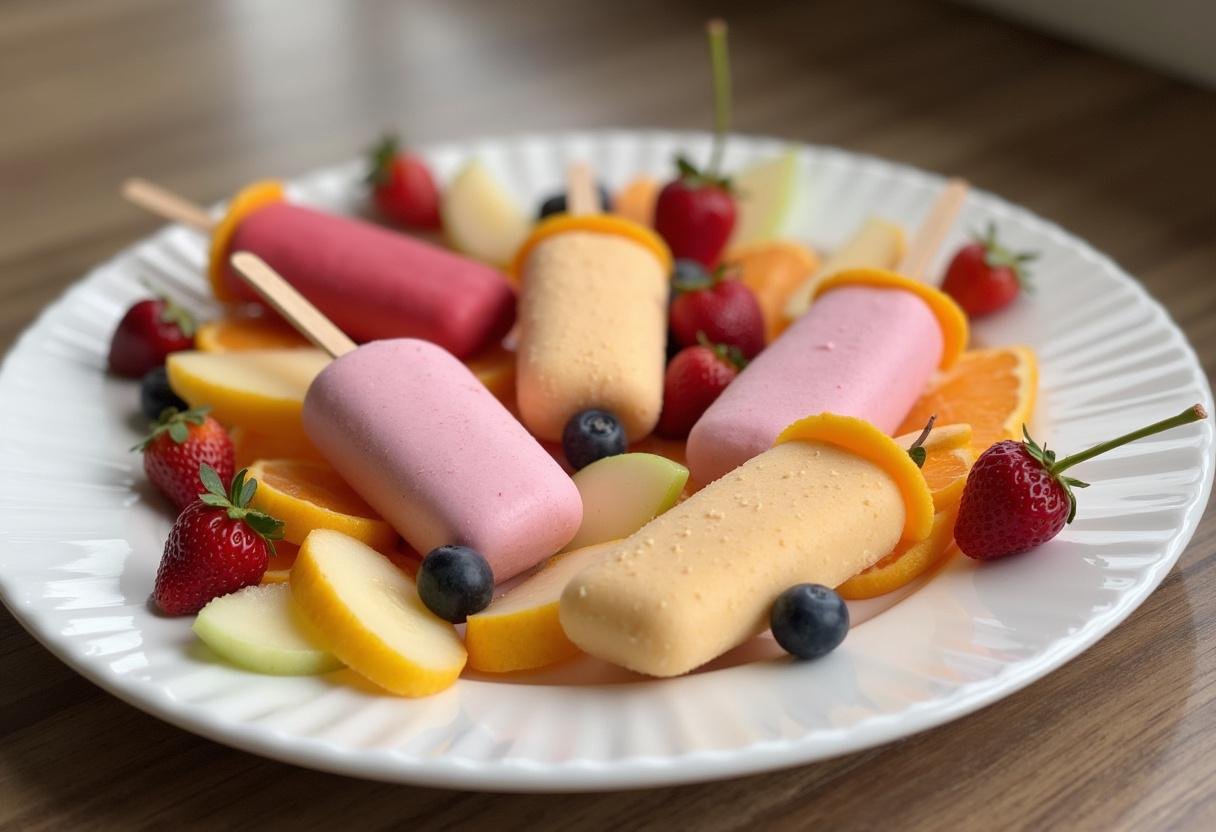 Pirulitos de iogurte caseiro prontos para servir, decorados com frutas frescas.