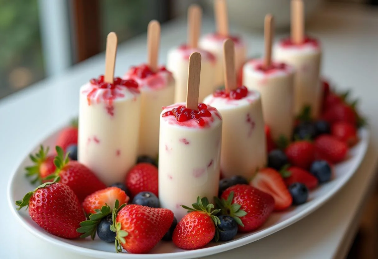 Pirulitos de iogurte caseiro prontos para servir, decorados com frutas frescas.