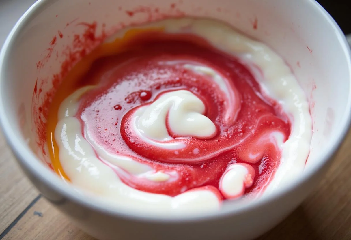 Mistura de iogurte e purês de frutas coloridas para pirulitos de iogurte caseiro.