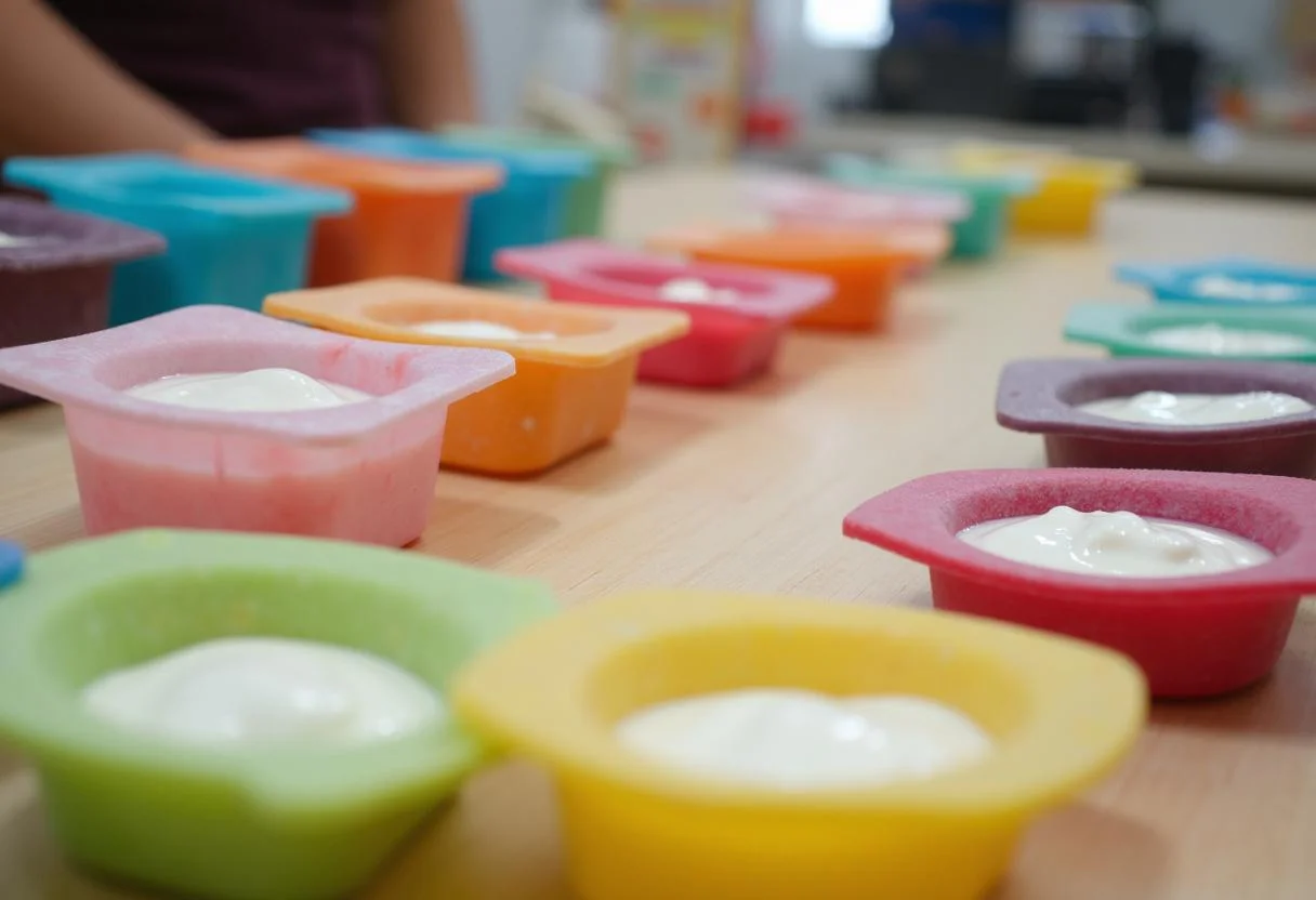 Moldes coloridos sendo preenchidos com mistura de iogurte para fazer pirulito de iogurte.