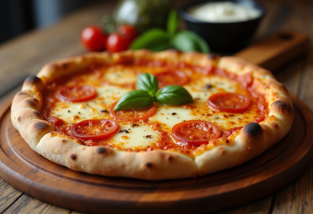Pizza quattro formaggi perfeitamente assada, pronta para ser servida.