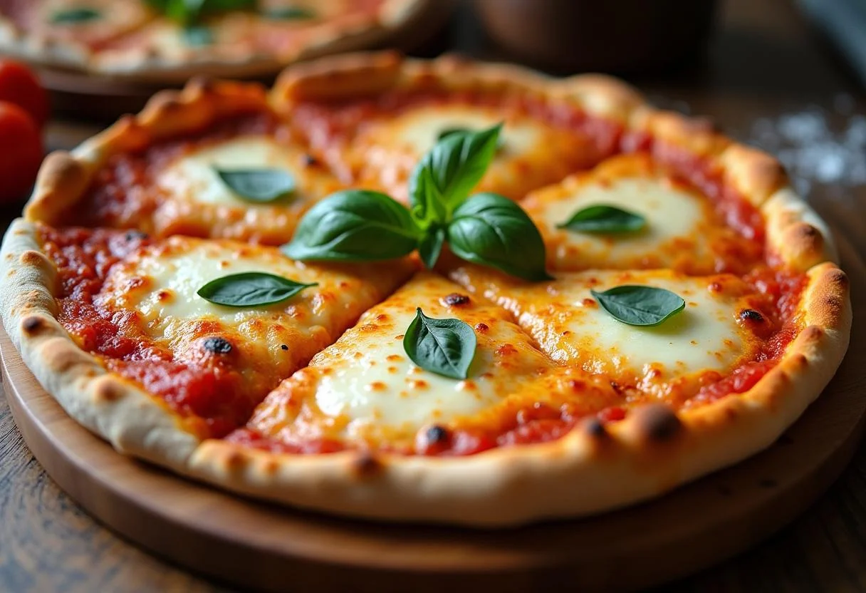 Pizza quattro formaggi perfeitamente assada, pronta para ser servida.