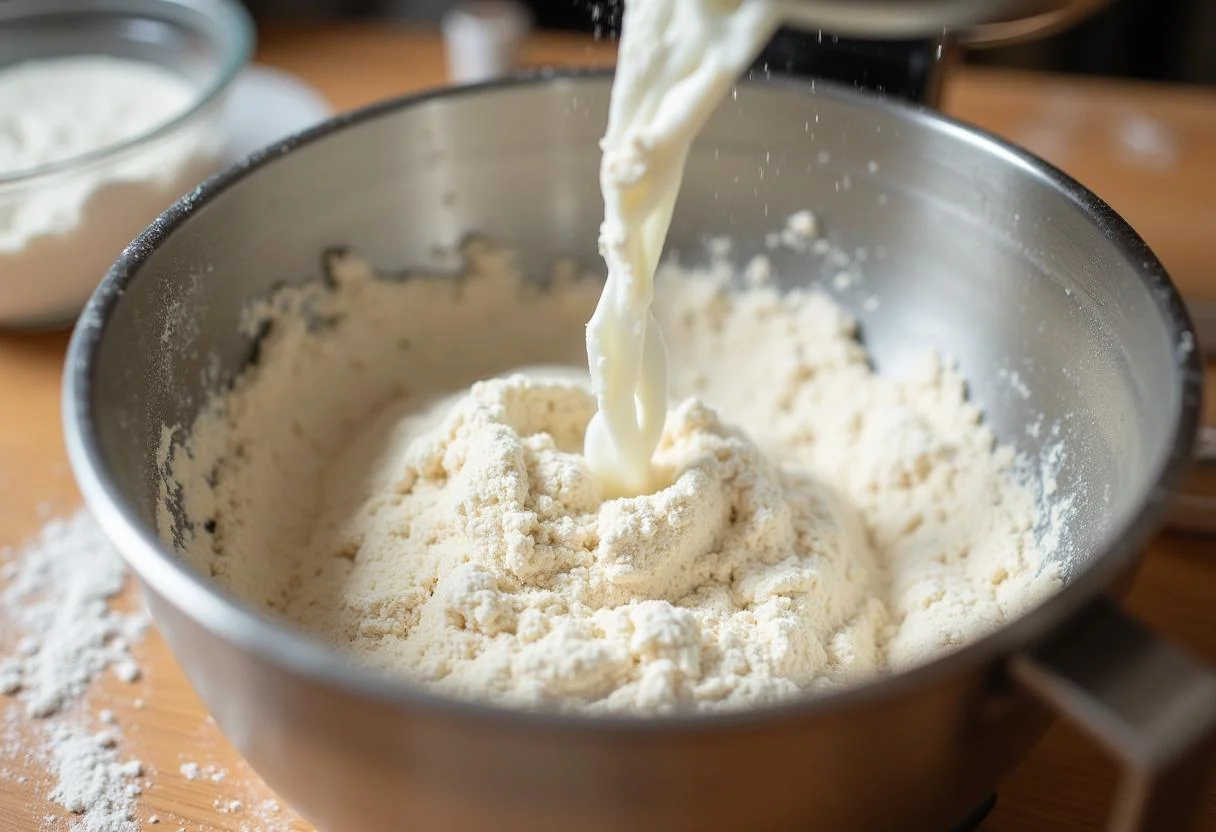 Preparação da massa caseira para pizza quatro queijos com farinha e água.