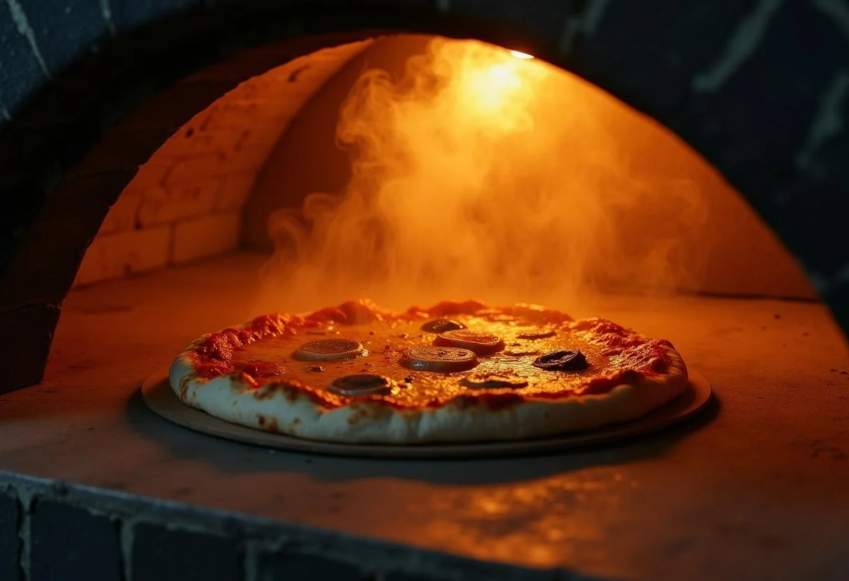 Pizza quatro queijos sendo colocada no forno para assar.