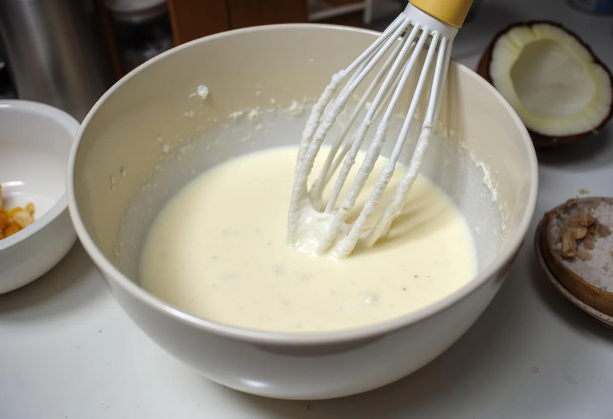 Mistura de farinha de tapioca com leite de coco para fazer Po de Tapioca Maria Margarida.