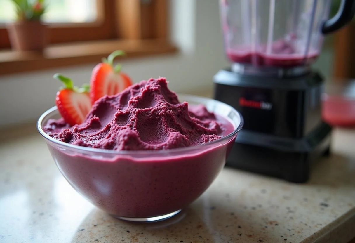 Bowl of frozen polpa de acai ready to be blended for acai pote.