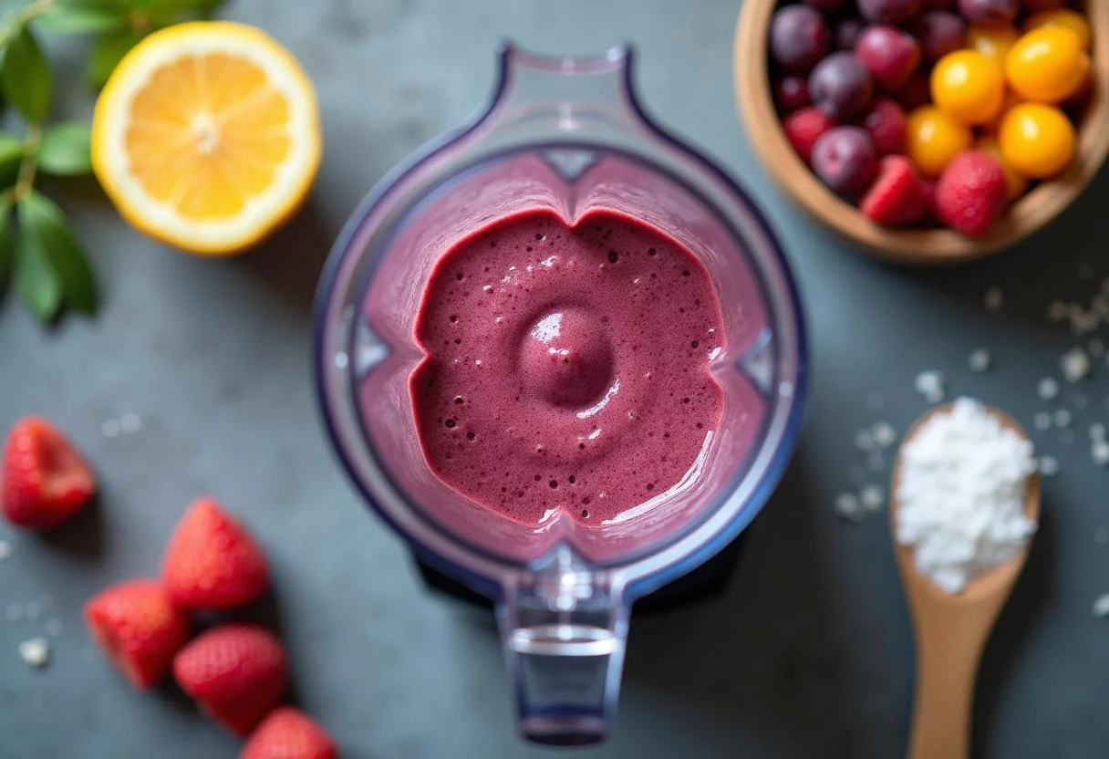 Blending frozen polpa de acai into a smooth mixture for saboroso pote de acai.