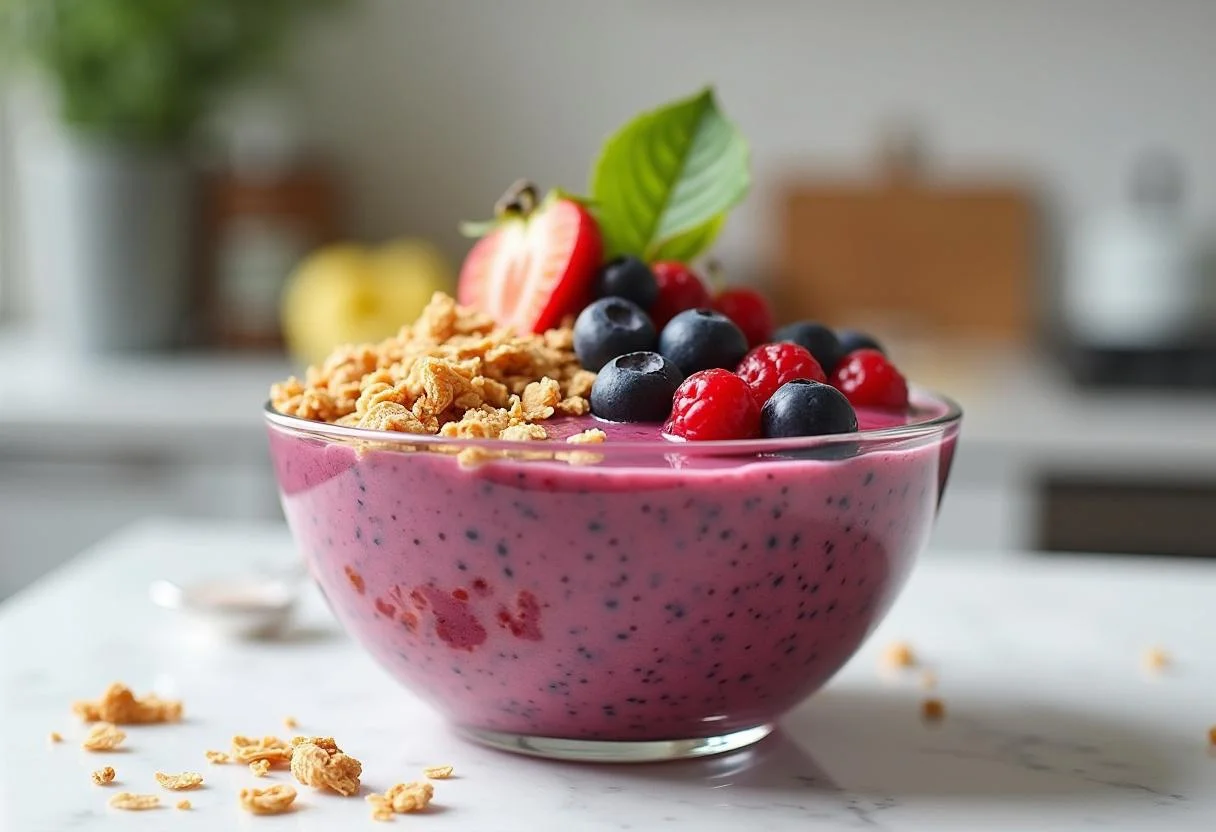Bowl of blended acai sem acucar garnished with fruits and granola.
